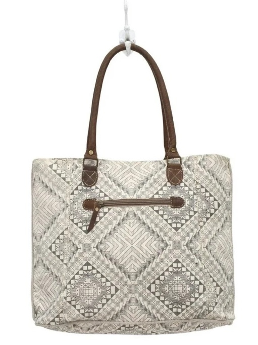 Myra Bag Artisan Canvas
Neutral Pattern Canvas Tote with Brown Leather Handles